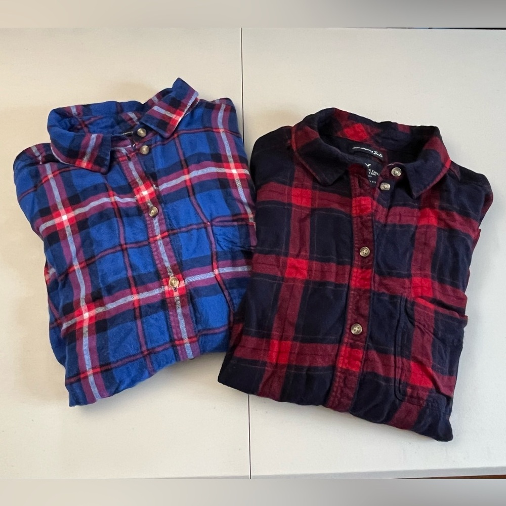Set of 2 American Eagle "Ahh-Mazingly Soft" Blue & Red Plaid Flannel Button-Ups